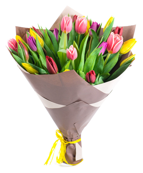 bouquet of 25 colorful tulips in kraft paper, isolated on white  - Photo, image