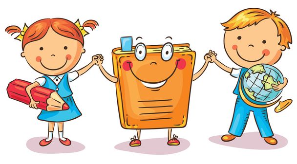 Children holding hands with a book as a symbol of learning, knowledge, education - Vector, Image