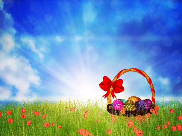 Easter basket op gras - Foto, afbeelding