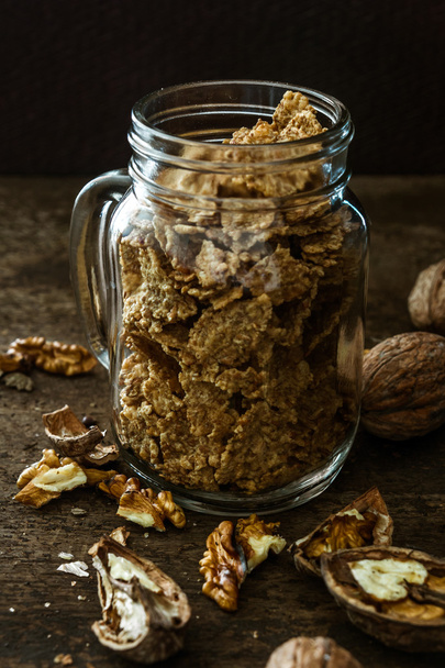 Delicious homemade breakfast with oats, almonds and hazelnuts. C - Фото, изображение