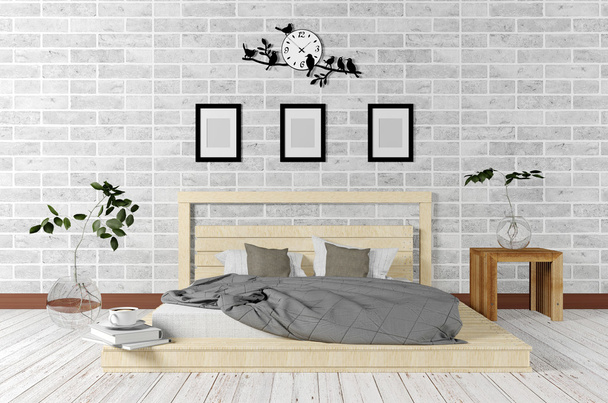 最小限の白とシンプルな生活の概念のロフト スタイルのベッドルームのインテリア - 写真・画像