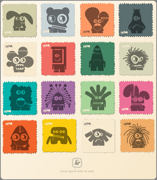 Set of retro postage`s stamp with funny monsters. - Vetor, Imagem