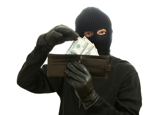 Bandit in black mask with stolen wallet isolated on white - Foto, Imagen