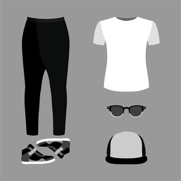 Conjunto de ropa de hombre de moda. Traje de hombre pantalones, camiseta y accesorios. Armario de hombre
 - Vector, Imagen
