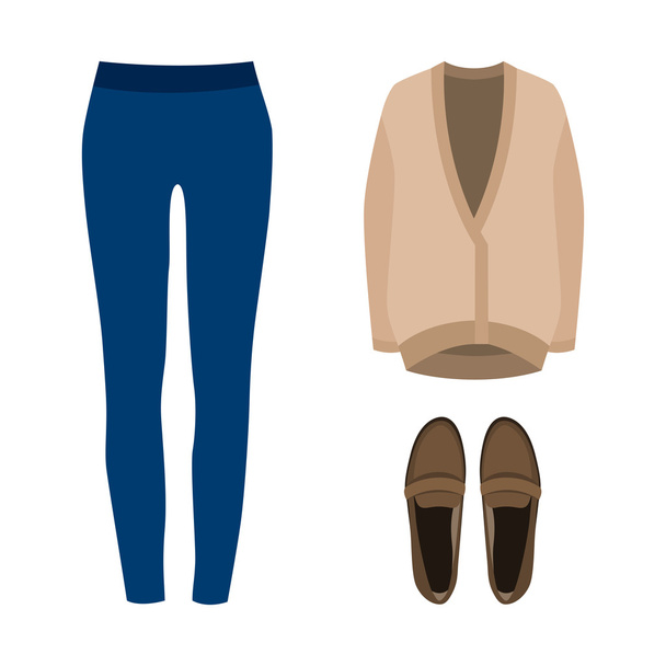 Set of  trendy women's clothes. Outfit of woman jeans, cardigan and loafers. Women's wardrobe - Vector, Image