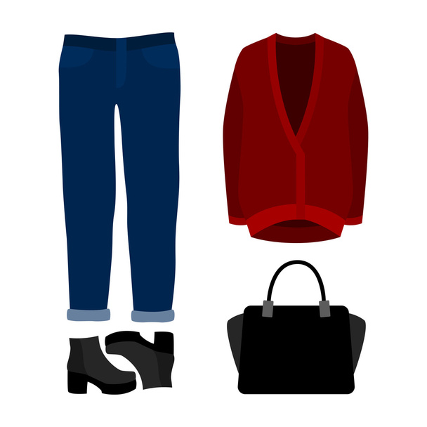 Set of  trendy women's clothes. Outfit of woman jeans, cardigan and accessories. Women's wardrobe - Vector, Image