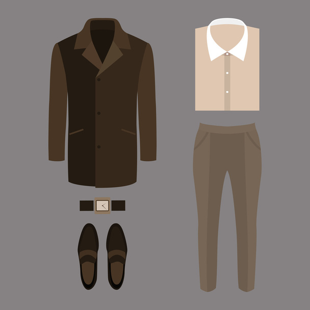 Набор модной мужской одежды. Наряд мужского пальто, брюки, рубашка и аксессуары. Мужской гардероб
 - Вектор,изображение