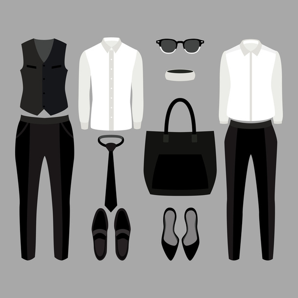 Conjunto de ropa de moda. Traje de hombre y mujer ropa y accesorios
 - Vector, Imagen