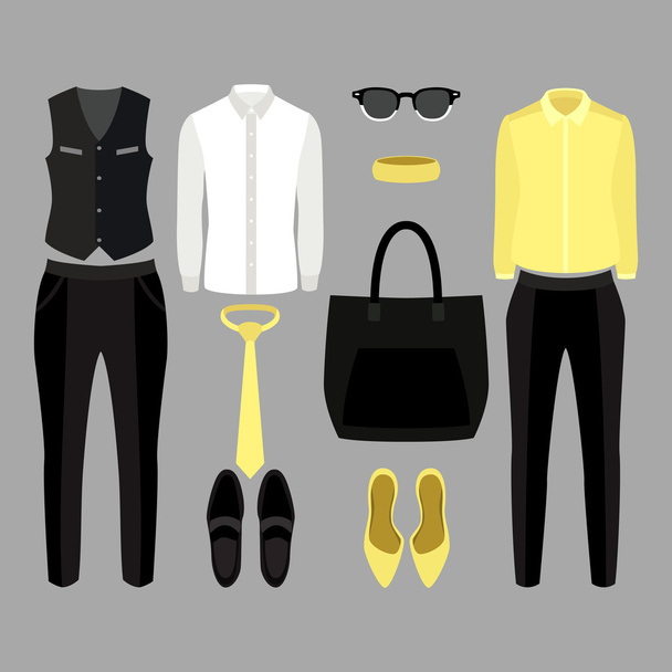 Set of  trendy clothes. Outfit of man and woman clothes and accessories - Vector, Image