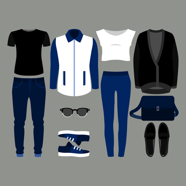 Set trendiger Kleidung. Outfit von Mann und Frau Kleidung und Accessoires - Vektor, Bild