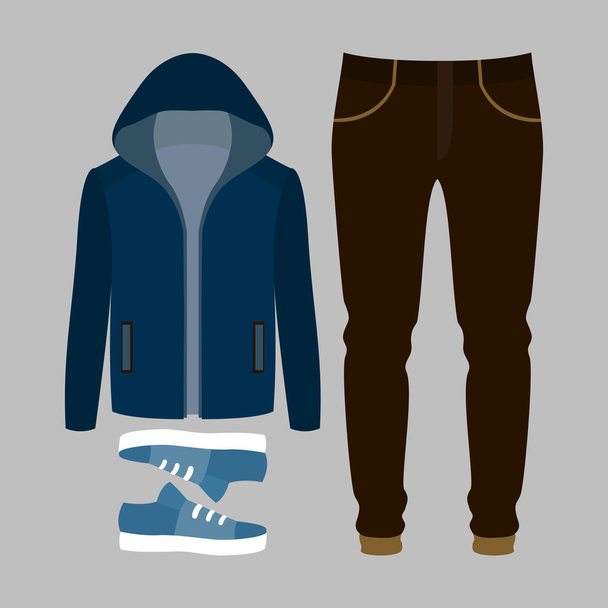 Set of  trendy men's clothes. Outfit of man blazer, pants and accessories. Men's wardrobe - Vector, Image