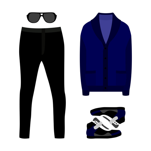 Set of  trendy men's clothes. Outfit of man cardigan, pants and accessories. Men's wardrobe - Vector, Image