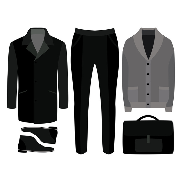 Set of  trendy men's clothes. Outfit of man coat, cardigan, pants and accessories. Men's wardrobe. - Vector, Image