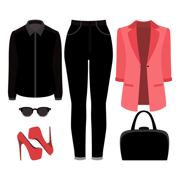 Set of trendy women's clothes. Outfit of woman jeans, jacket, shirt and accessories. Women's wardrobe - Vector, Image