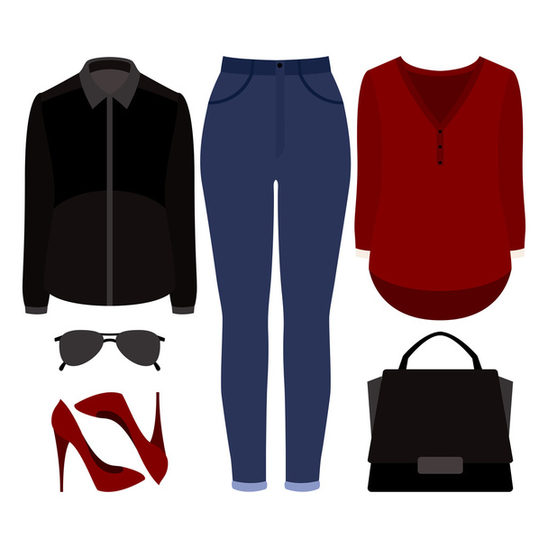 Set of trendy women's clothes. Outfit of woman jeans, blouse, shirt and accessories. Women's wardrobe - Vector, Image