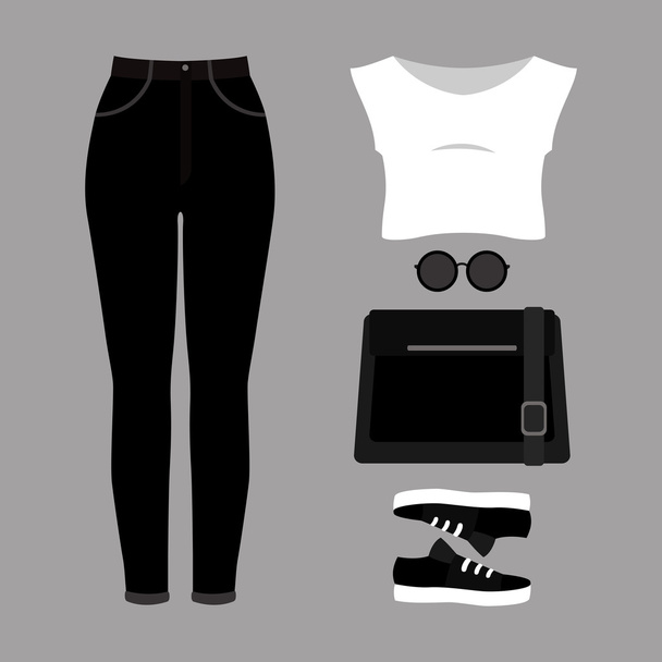 Set of trendy women's clothes. Outfit of woman jeans, t-shirt and accessories. Women's wardrobe. - Vector, Image