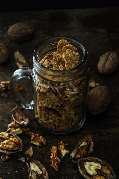 Delicious homemade breakfast with oats, almonds and hazelnuts. C - Фото, изображение