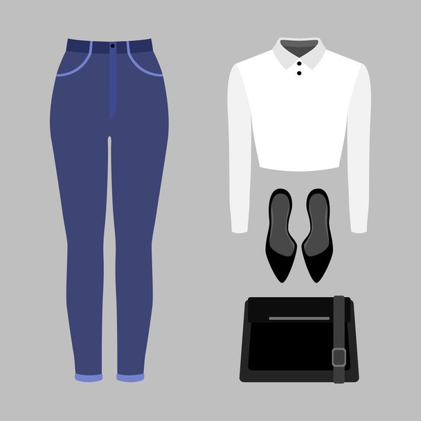 Conjunto de ropa de mujer de moda. Traje de mujer jeans, blusa y accesorios. Armario de mujer
 - Vector, Imagen