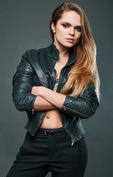 portrait of sexy model wearing leather jacket  - Photo, Image