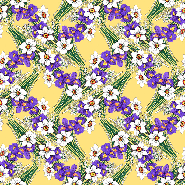 bouquets of iris, narcissus and daisy flowers - Zdjęcie, obraz