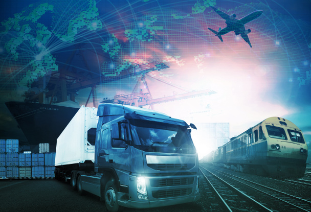παγκόσμιο εμπορικό με βιομηχανίες φορτηγό, εκπαιδεύει, εναέρια φορτίων και πλοίων fr - Φωτογραφία, εικόνα