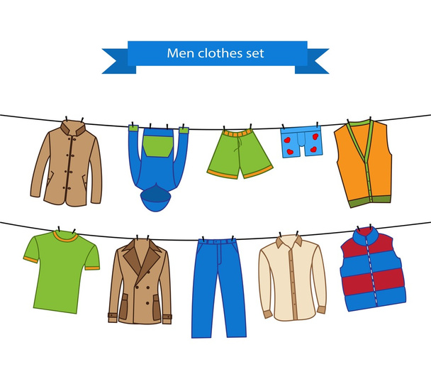 Set of color clothes for the man on the clothes line. Collection - Vector, Image