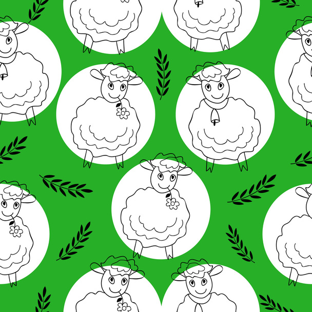 seamless pattern with curly sheep on a green - Vector, Image