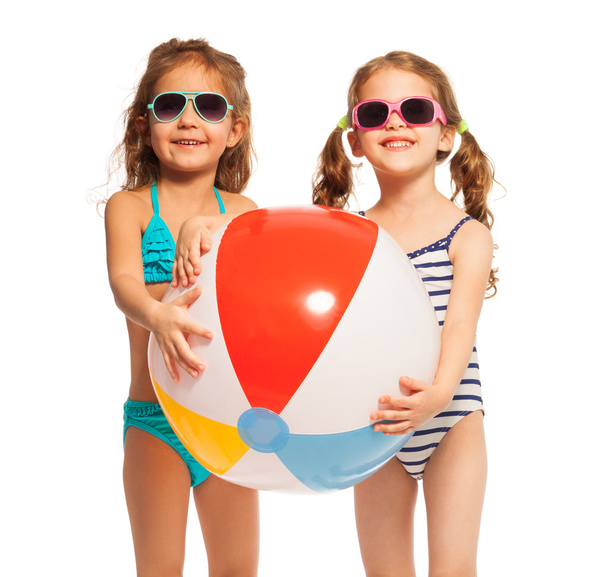 friends in sunglasses holding big wind-ball - Фото, изображение
