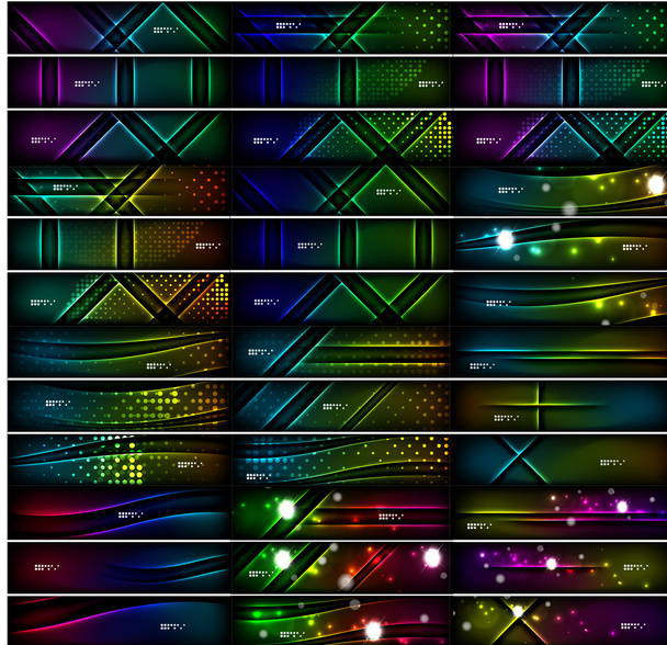 Glowing shapes on dark background. Vector set of black headers with light effects - Vecteur, image