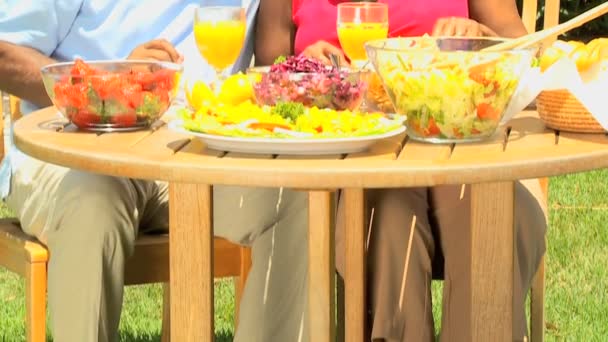 Συνταξιούχο εθνοτικές ζευγάρι απολαμβάνει υγιεινού γεύματος - Πλάνα, βίντεο