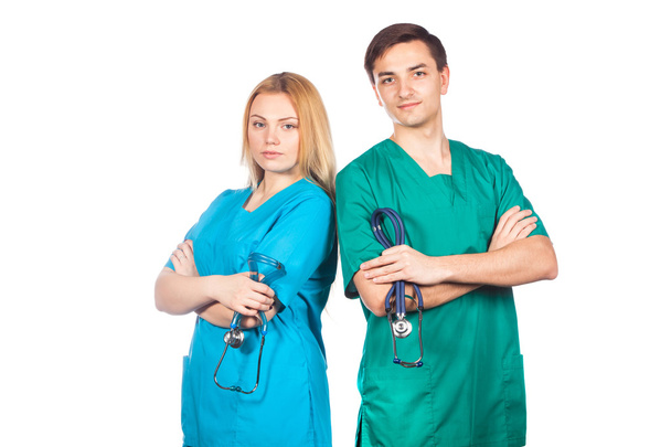 healthcare and medical concept - two doctors with stethoscopes. - Foto, Imagen