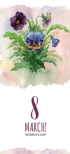 Watercolor greeting card 8 March with pansies - Foto, Imagen