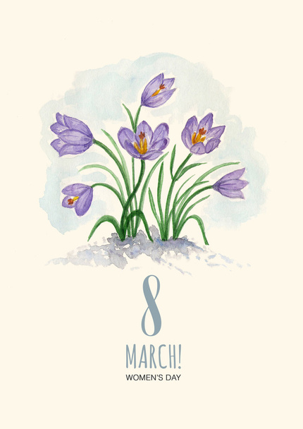 Watercolor greeting card 8 March with crocuses - Foto, Imagem