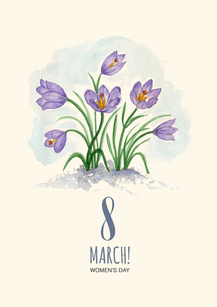 Watercolor greeting card 8 March with crocuses - Foto, afbeelding