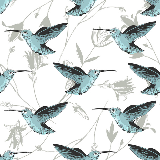 blue colibri black grey flowers bird pattern - Vecteur, image
