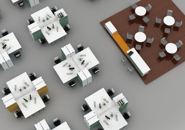 Open space office with systems office desks and lounge area. Isolated on gray background - Photo, Image