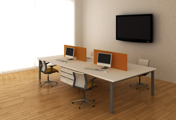 belső irodai rendszer íróasztalok és tv-vel. - Fotó, kép