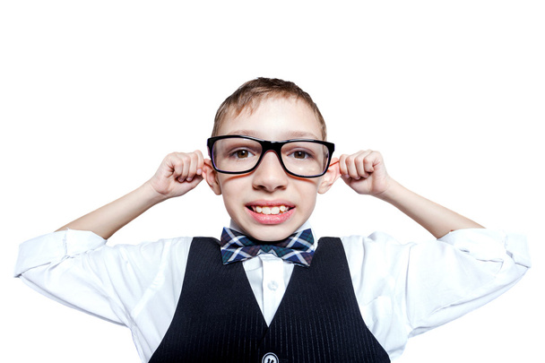Funny boy in glasses close up on white background - Foto, imagen