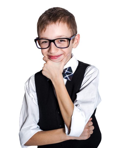 Boy in glasses and bowtie smiling isolated on white background - Foto, afbeelding