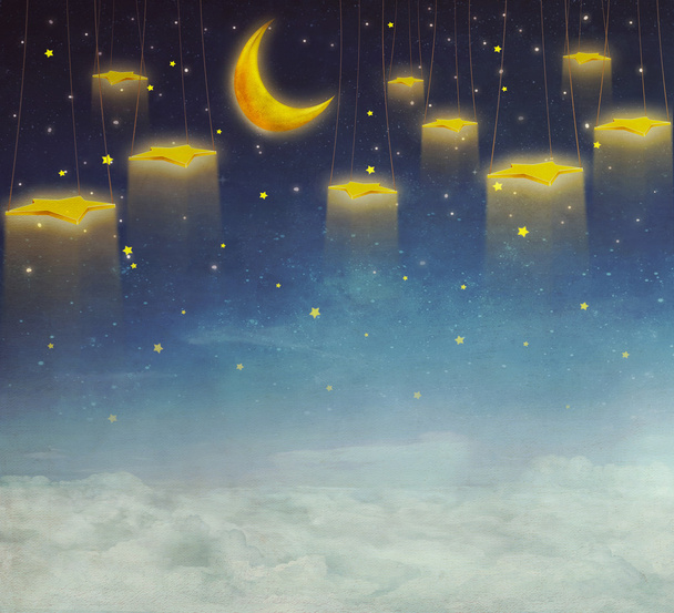 Mond und Sterne am Seil am Nachthimmel  - Foto, Bild