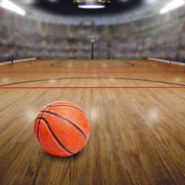 Basketball Arena With Ball on Court and Copy Space - Photo, Image
