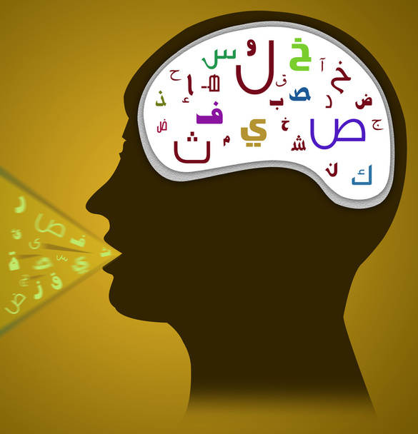 Silhouettenbild eines sprechenden Kopfes mit arabischem Text auf der Gehirnregion - Foto, Bild