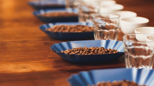 Coffee cups and beans on table for tasting - Foto, imagen
