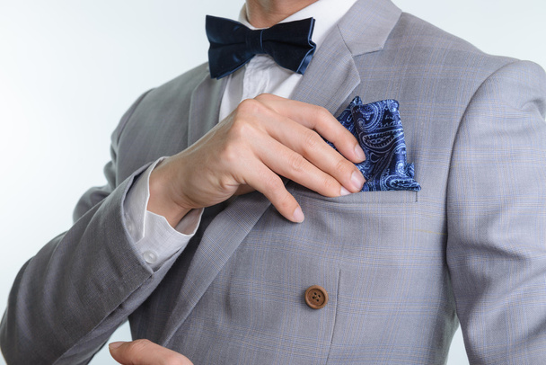 grey suit plaid texture, bowtie, pocket square - Foto, Imagen