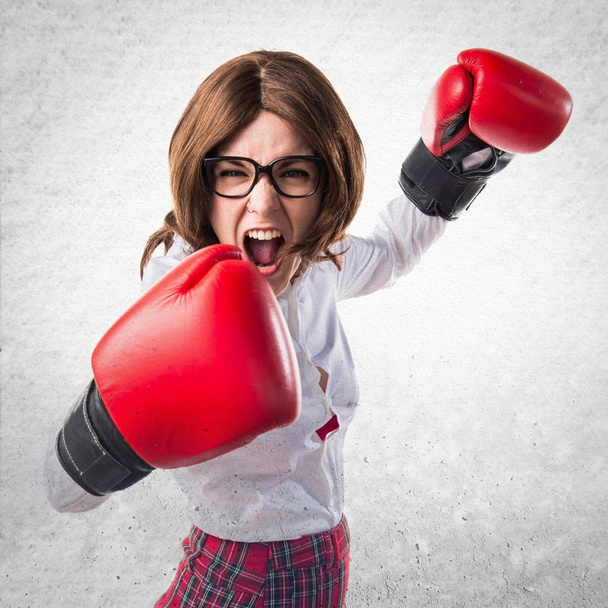 Student girl with boxing gloves - Φωτογραφία, εικόνα