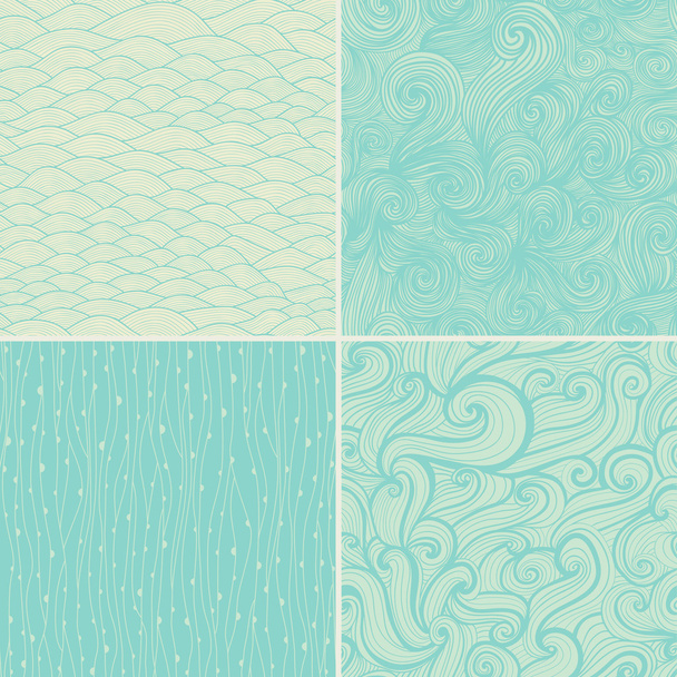 Set of four seamless abstract hand-drawn pattern, waves backgrou - Vector, Image