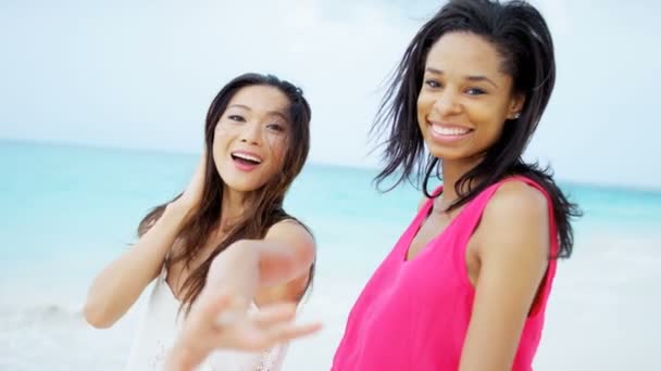 multi etnické přítelkyně baví na pláži - Záběry, video