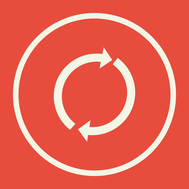 Vernieuwen pictogram, op rode achtergrond, witte cirkel grens, witte outl - Vector, afbeelding