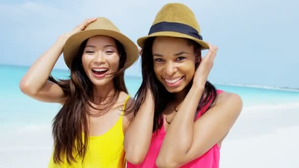 Multi εθνοτικές φίλες που έχει τη διασκέδαση στην παραλία - Πλάνα, βίντεο