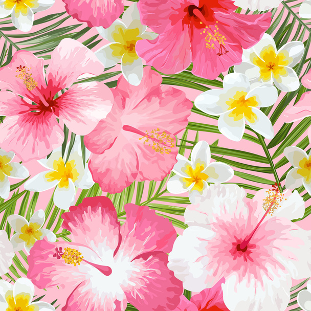 Tropical Flowers and Leaves Background - Vintage Seamless Pattern - Vetor, Imagem